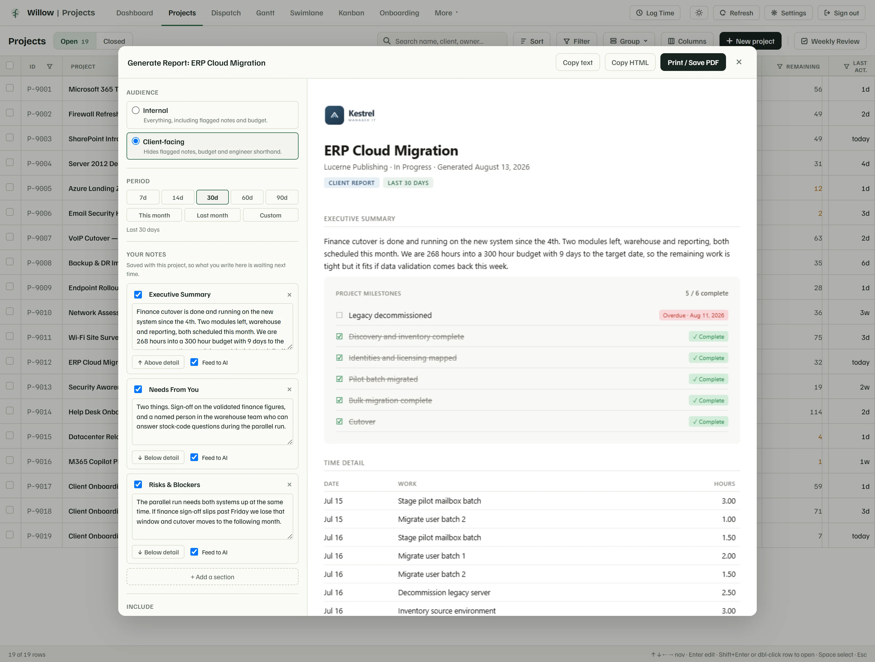 Report builder: audience and period controls with the author's own notes on the left, and a live branded client report preview on the right