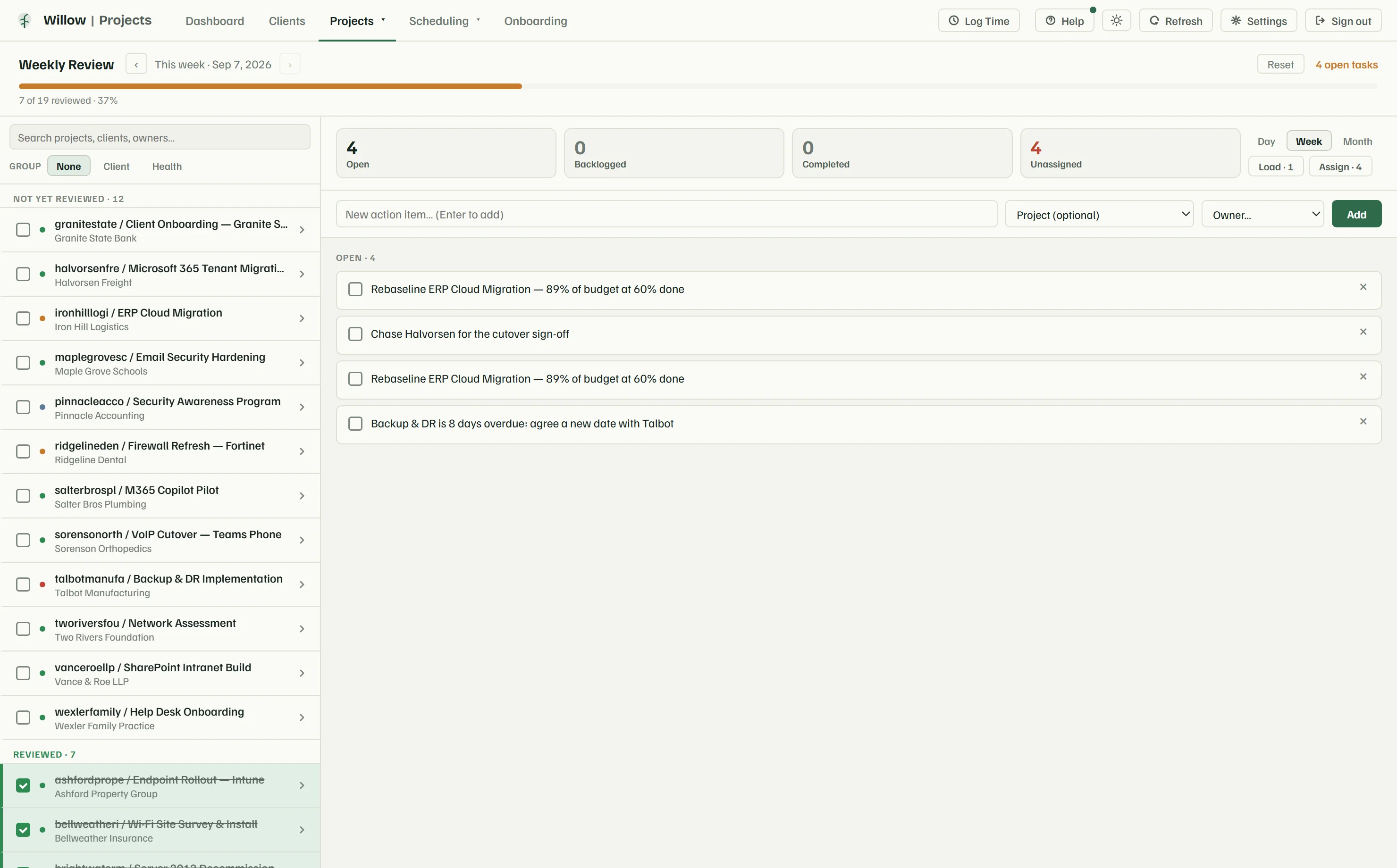 Weekly review: a per-week project checklist beside an action-item task board