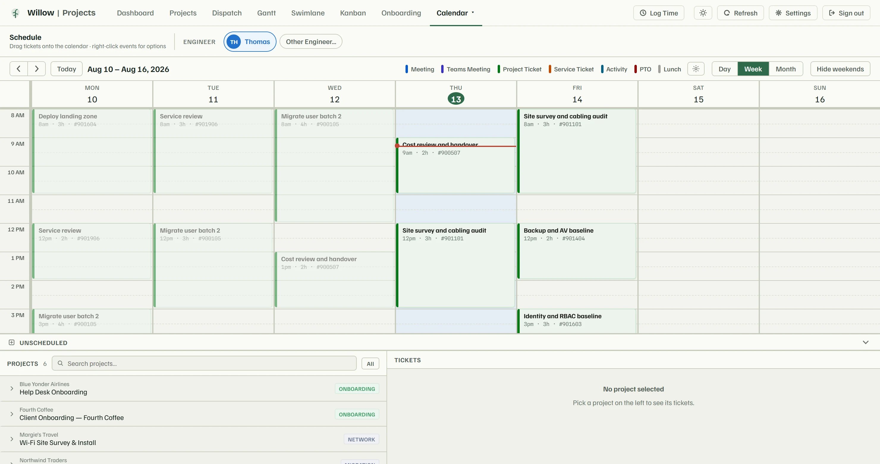 Calendar view of one engineer's scheduled work